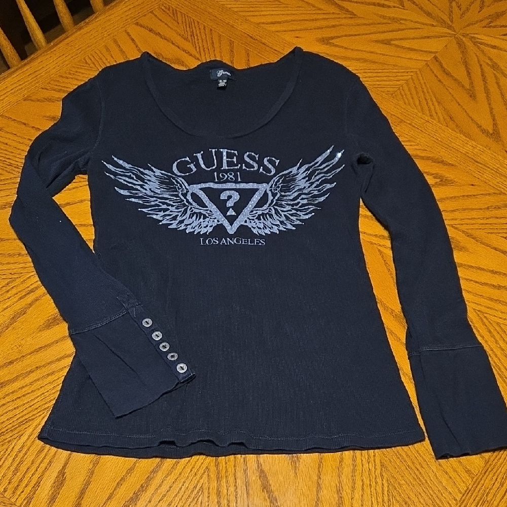 GUESS Black Ribbed Long Sleeve Logo Tee with Wing Graphic